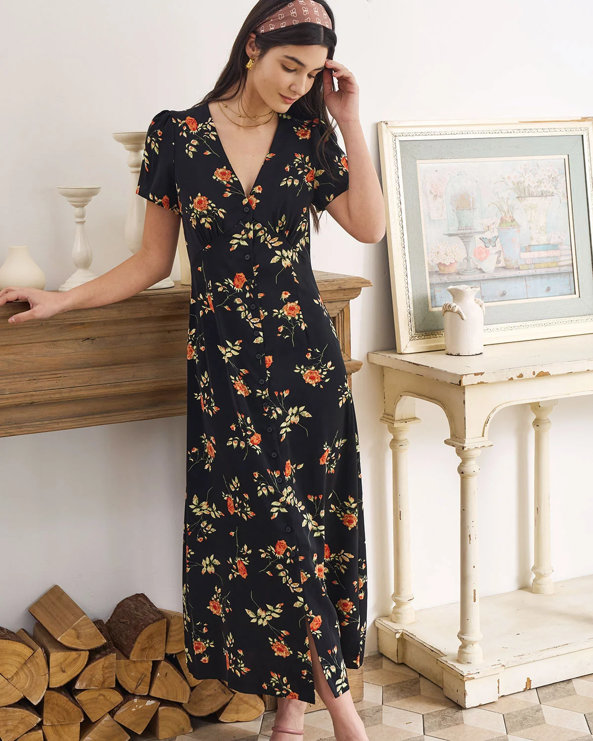 The Black V Neck Floral Short Sleeve Maxi Dress - Image 6
