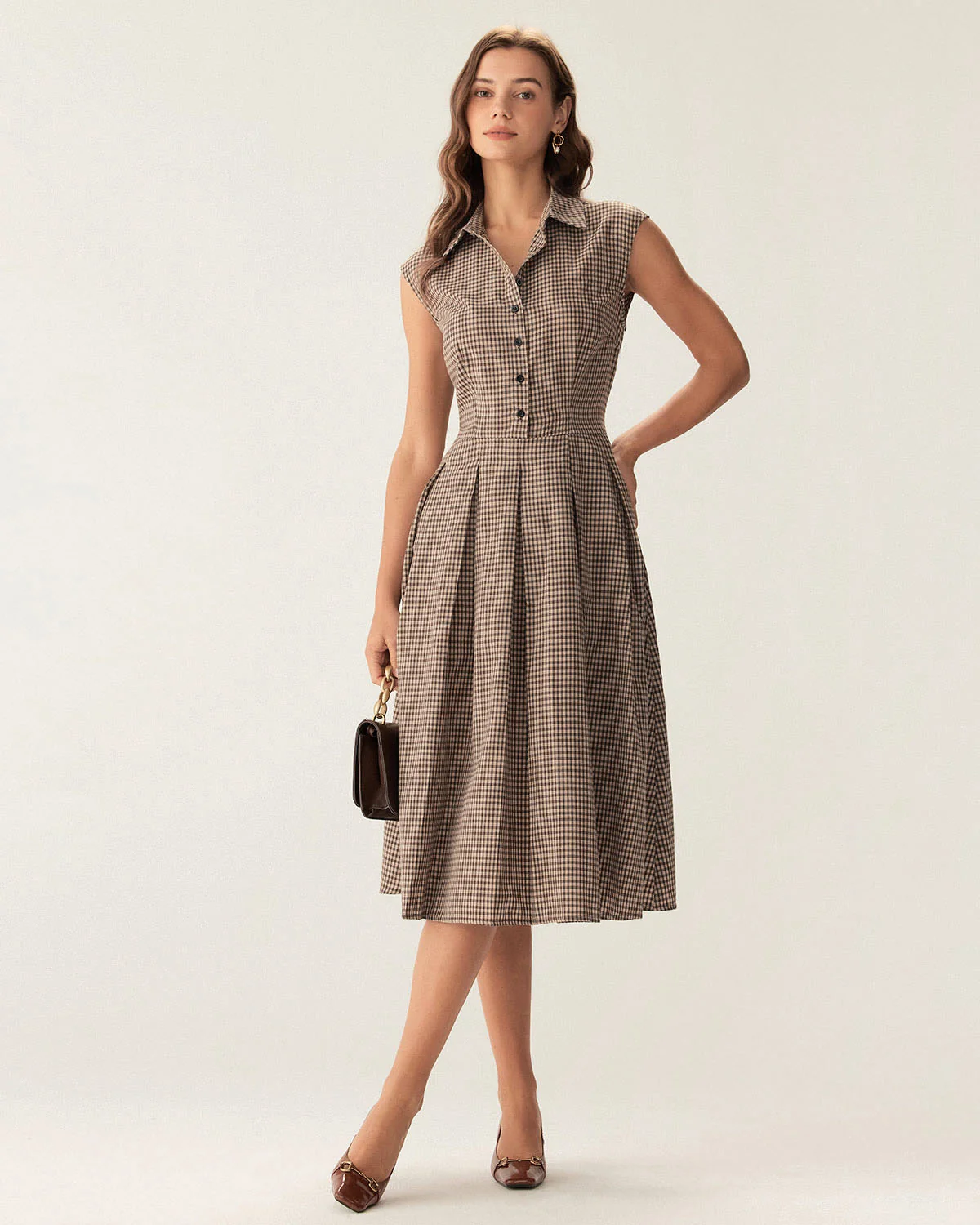 Brown Plaid Button Pleated Midi Dress - Image 3