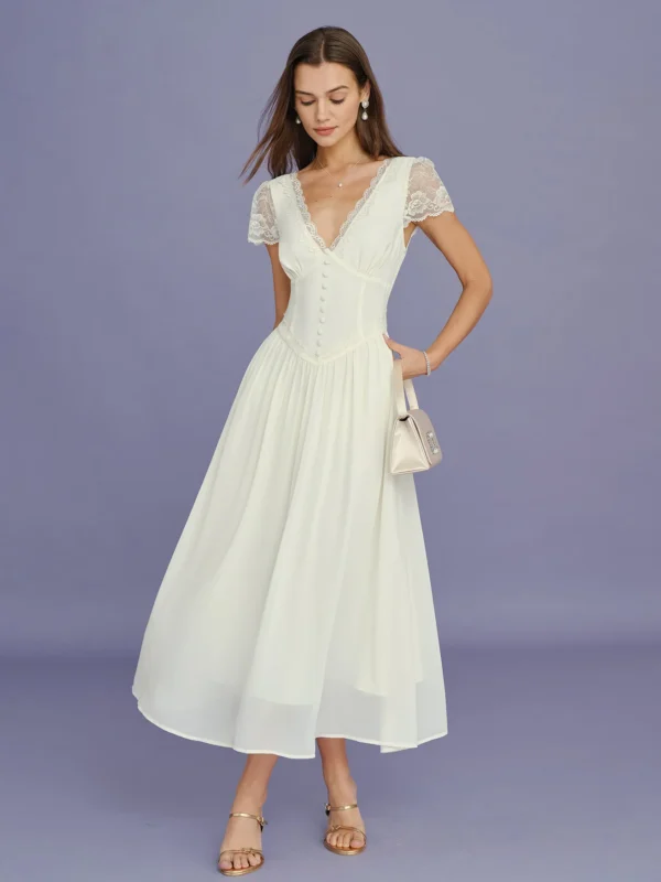 Apricot V Neck Lace Splicing Maxi Dress