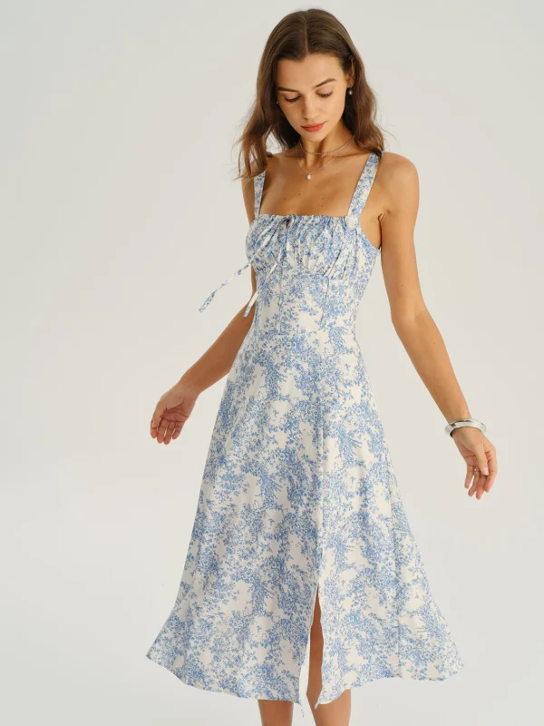 Blue Floral Ruched Slip Midi Dress