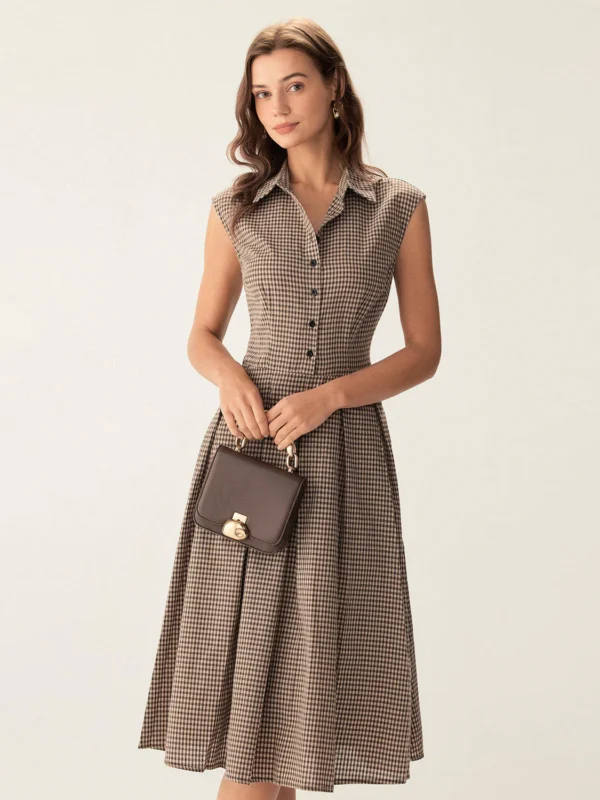 Brown Plaid Button Pleated Midi Dress