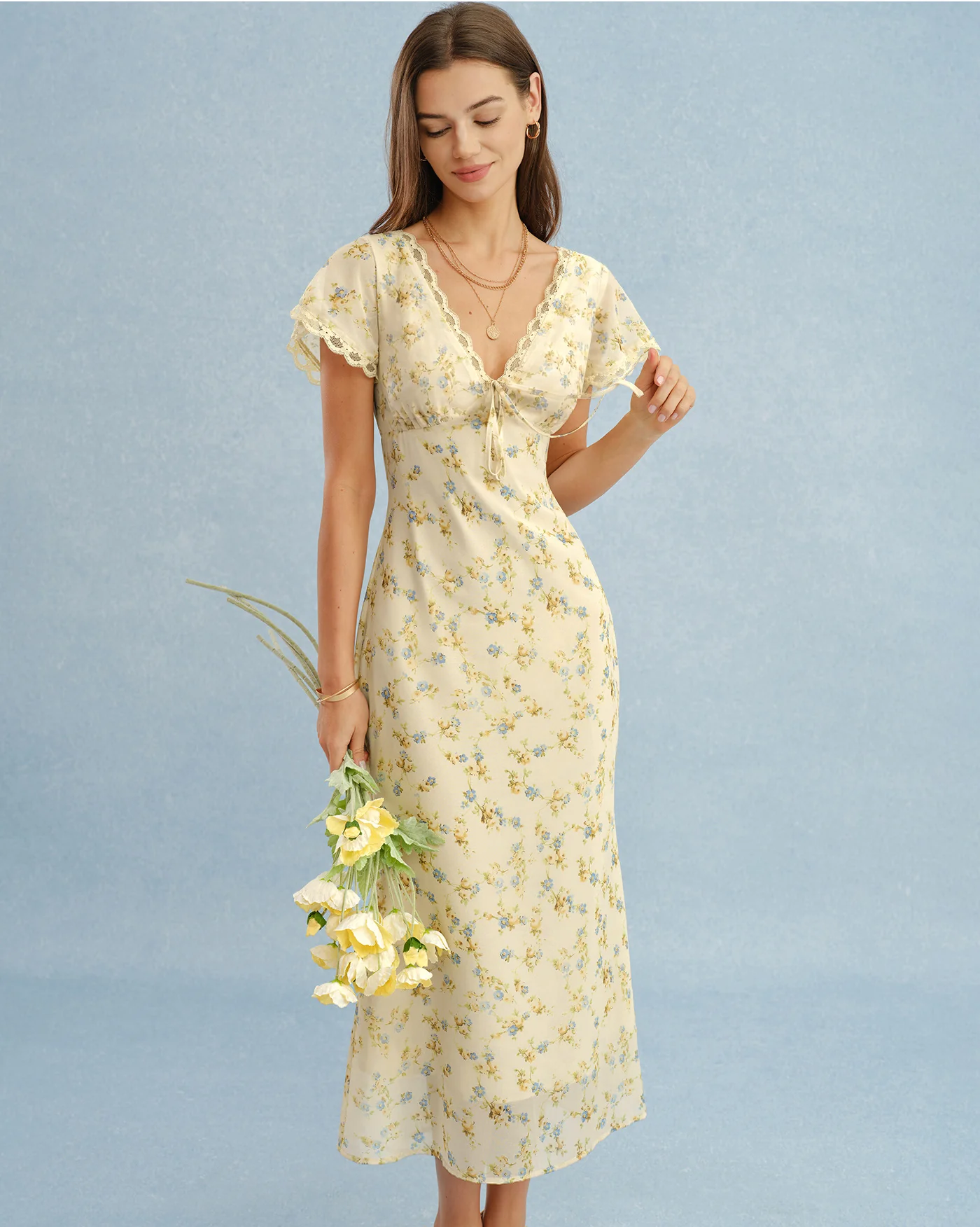 Yellow V Neck Lace Floral Maxi Dress - Image 3