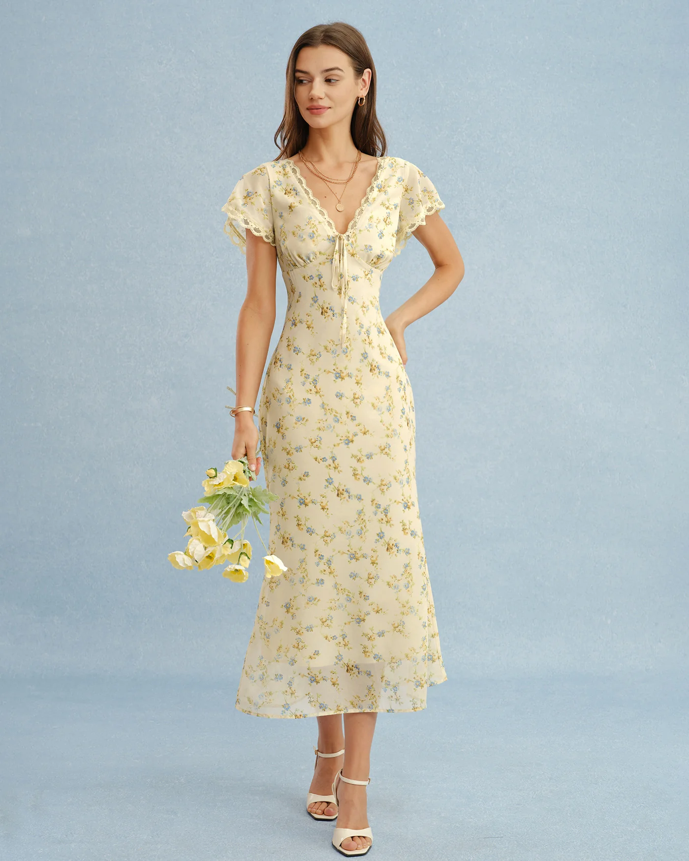 Yellow V Neck Lace Floral Maxi Dress - Image 4