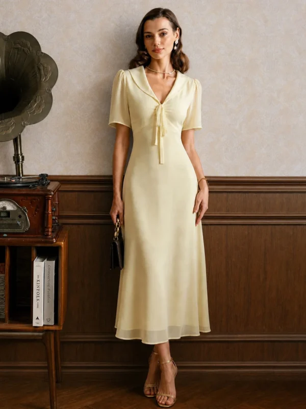 Yellow V Neck Tie Tunic Maxi Dress