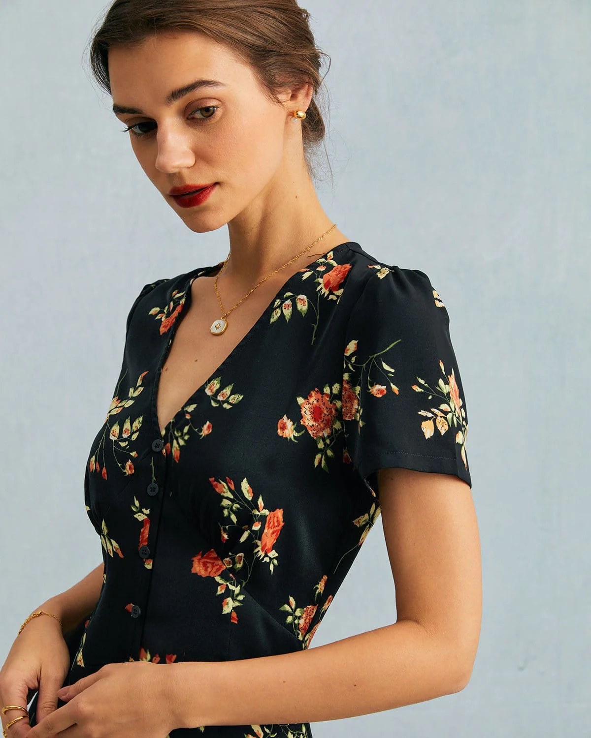 The Black V Neck Floral Short Sleeve Maxi Dress - Image 2