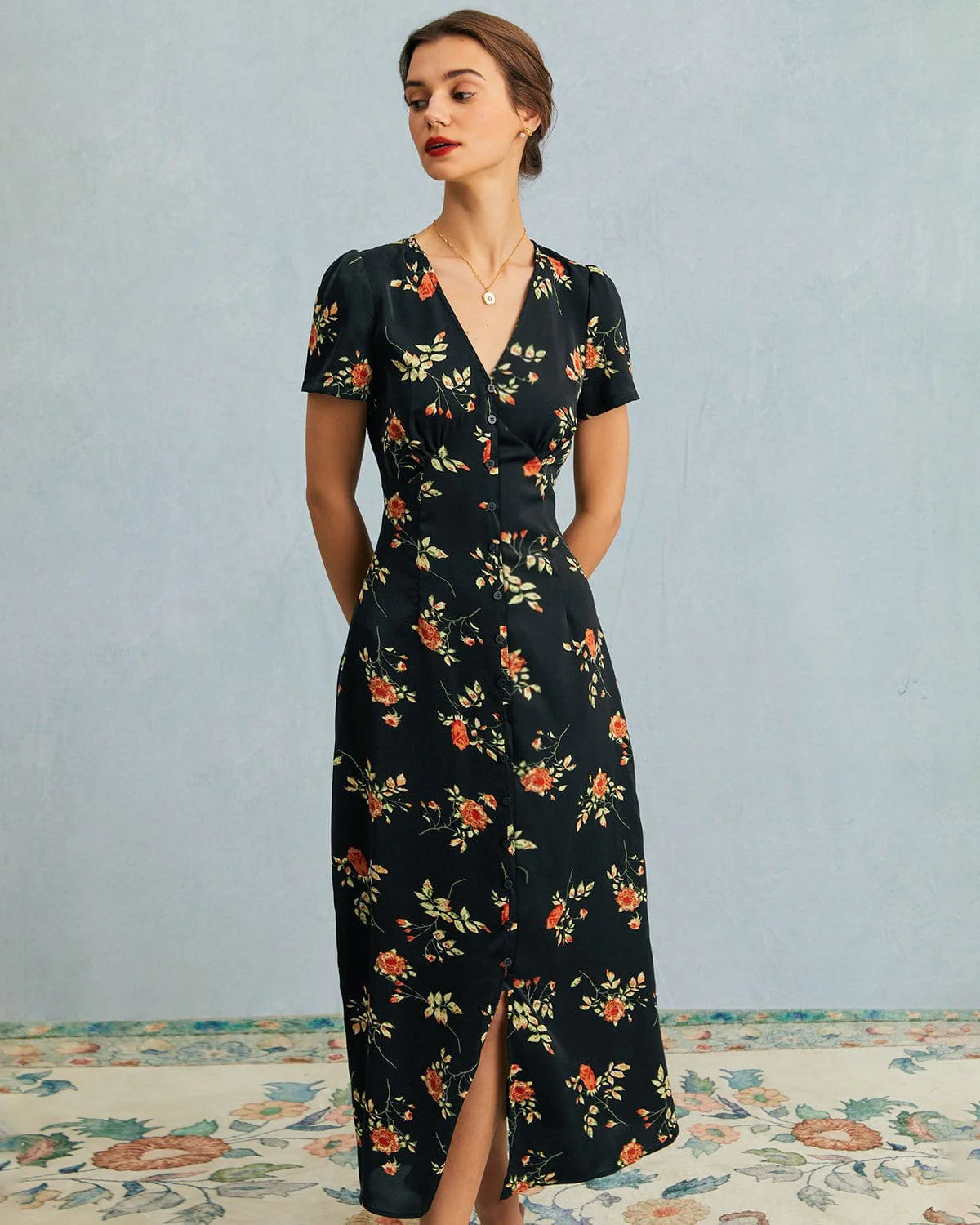 The Black V Neck Floral Short Sleeve Maxi Dress - Image 4