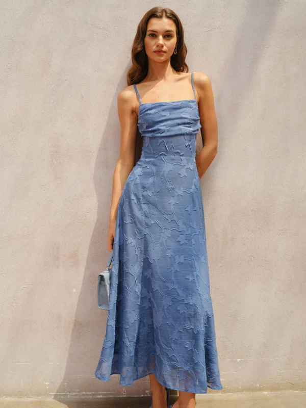 Blue Jacquard Ruched Slip Maxi Dress