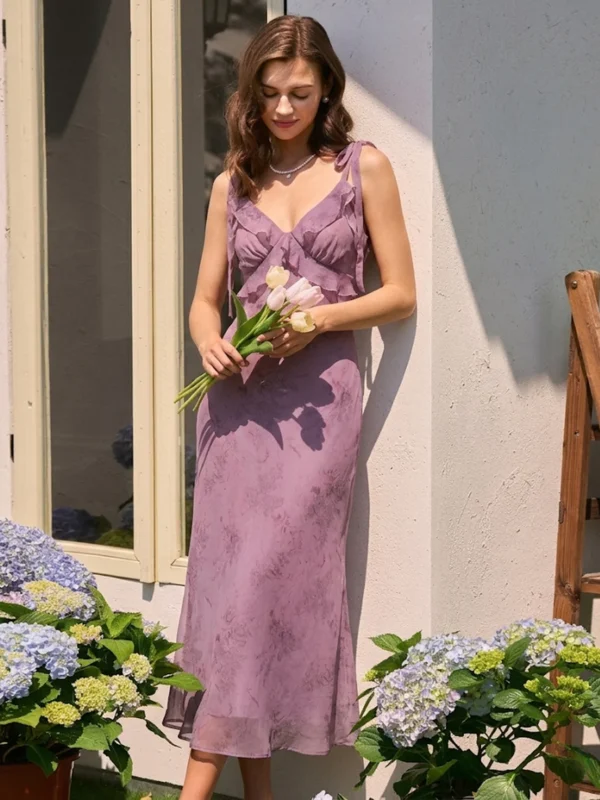 Purple Floral Ruffle Tie Strap Midi Dress
