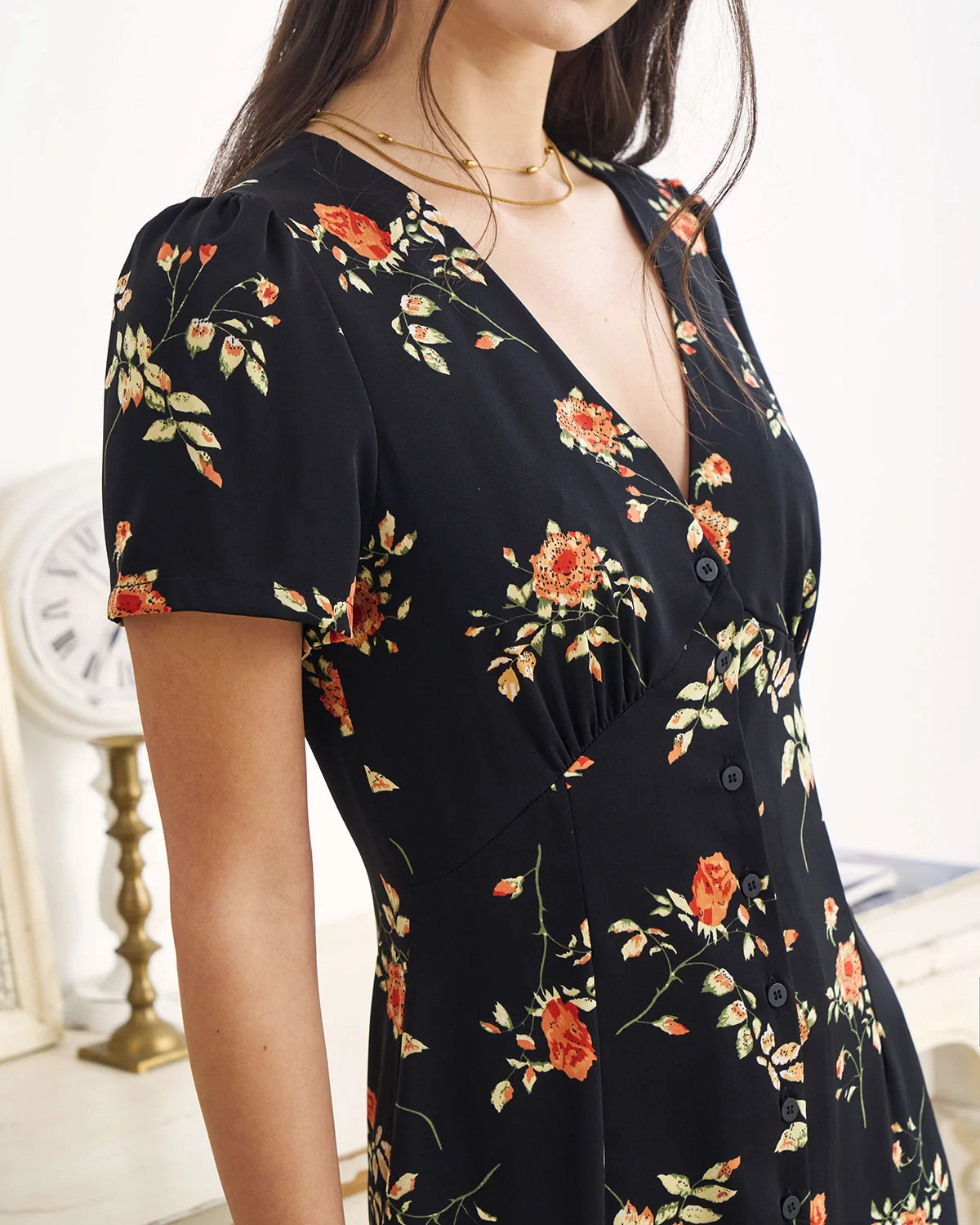 The Black V Neck Floral Short Sleeve Maxi Dress - Image 5