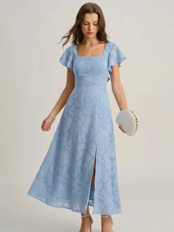 Blue Floral Square Neck Midi Dress