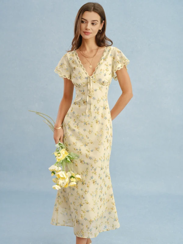 Yellow V Neck Lace Floral Maxi Dress