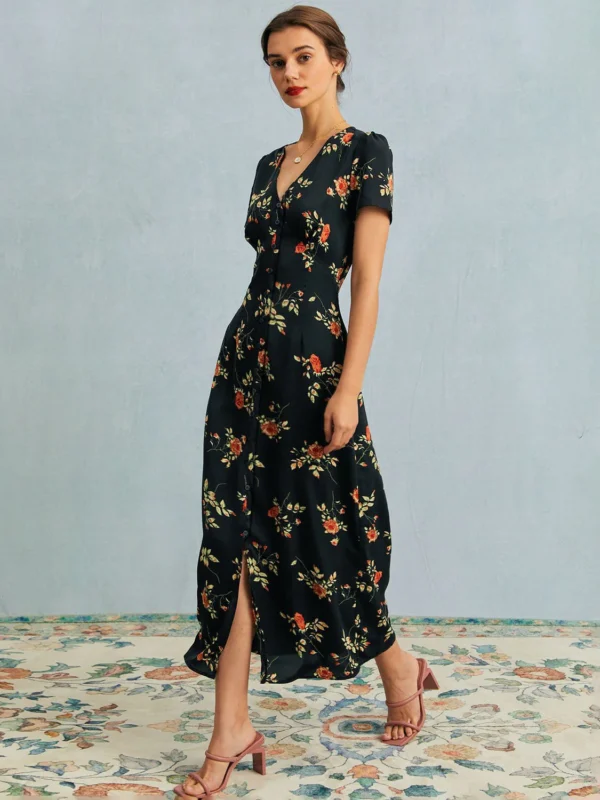 The Black V Neck Floral Short Sleeve Maxi Dress