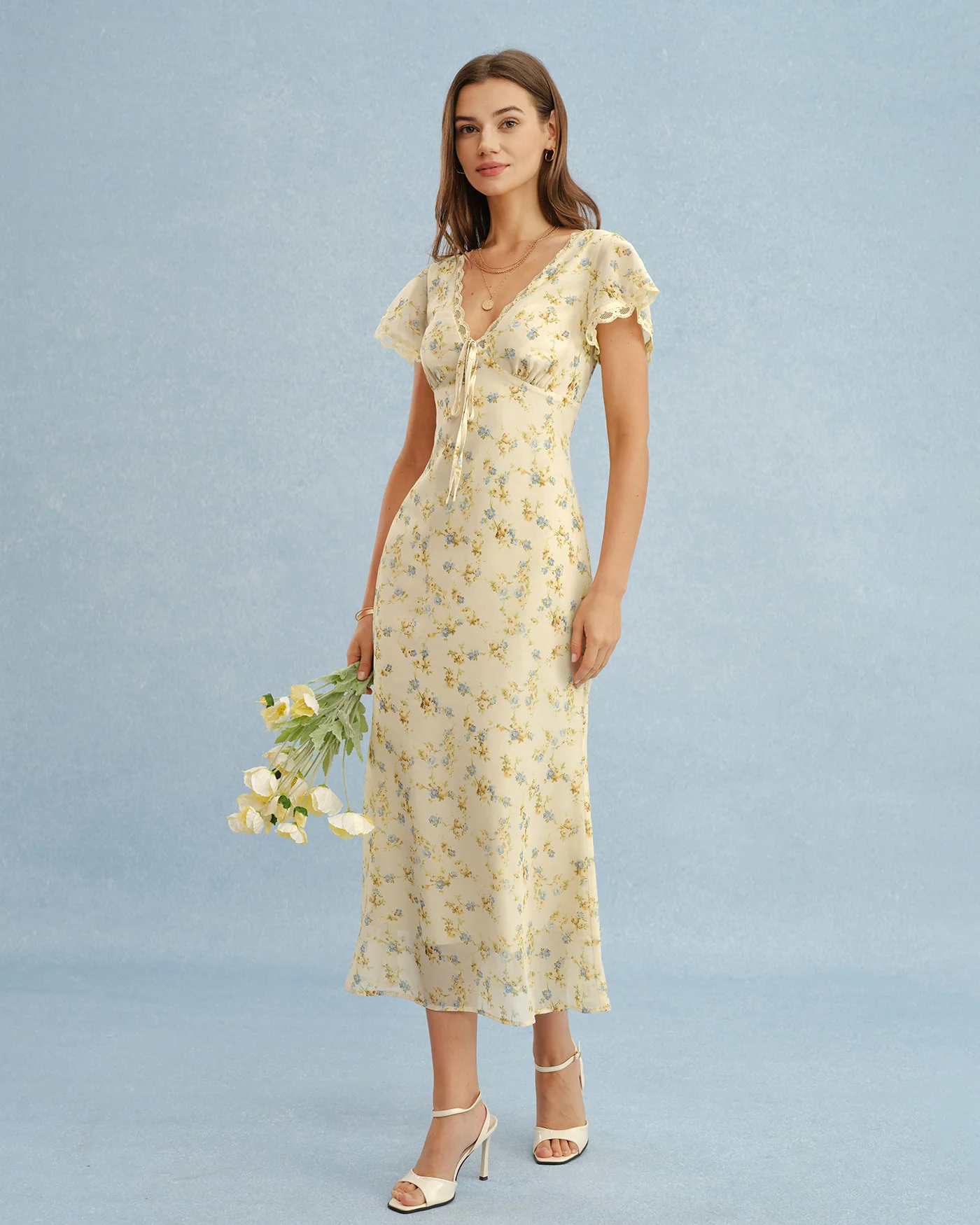Yellow V Neck Lace Floral Maxi Dress - Image 5