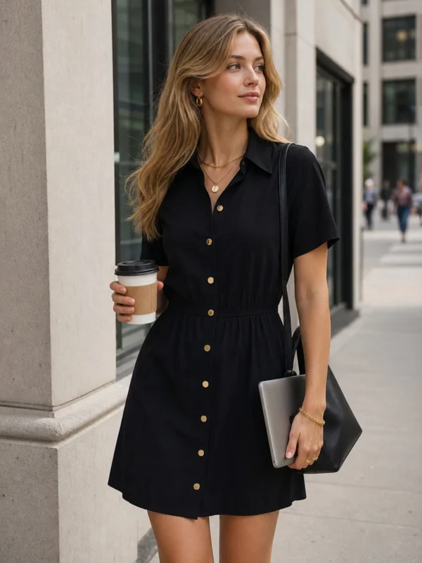 Black Collar Button Pockets Mini Dress