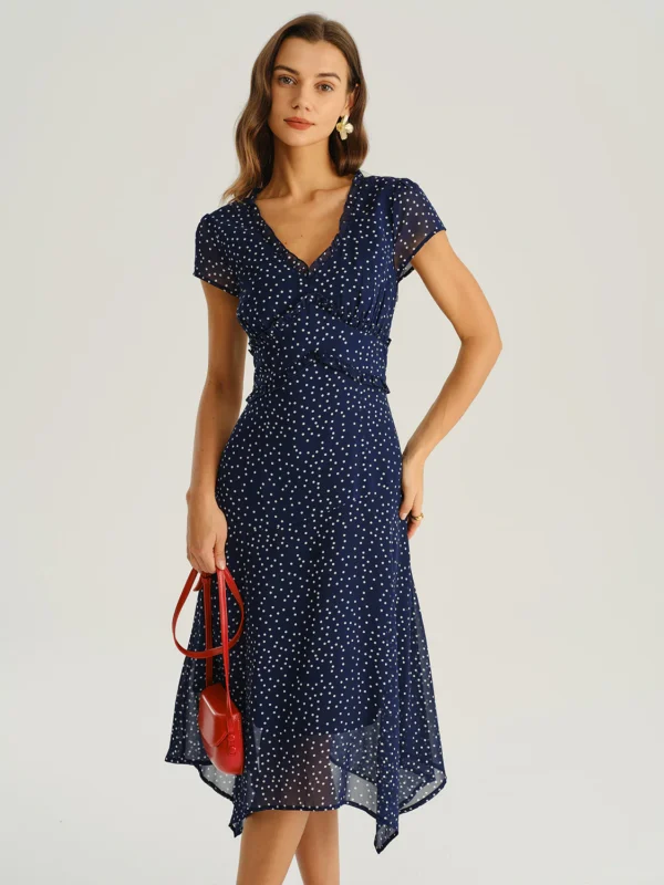 Navy Polka Dot Cap Sleeve Midi Dress