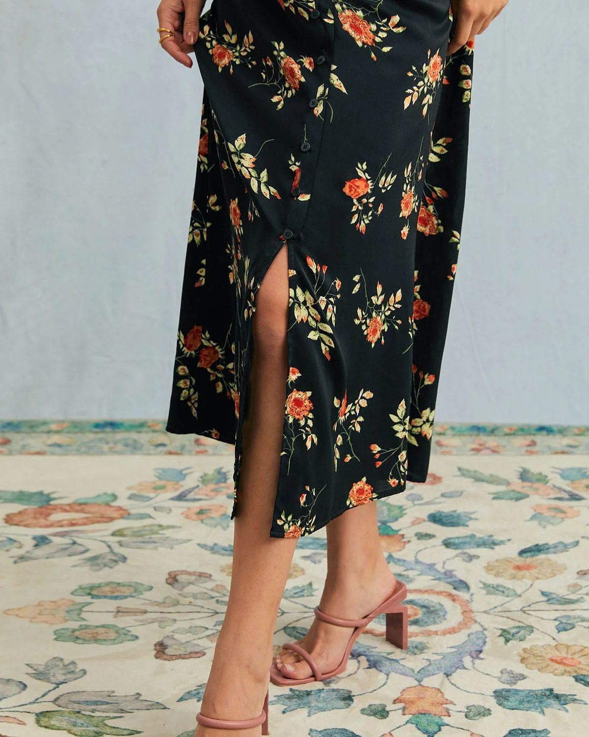 The Black V Neck Floral Short Sleeve Maxi Dress - Image 3
